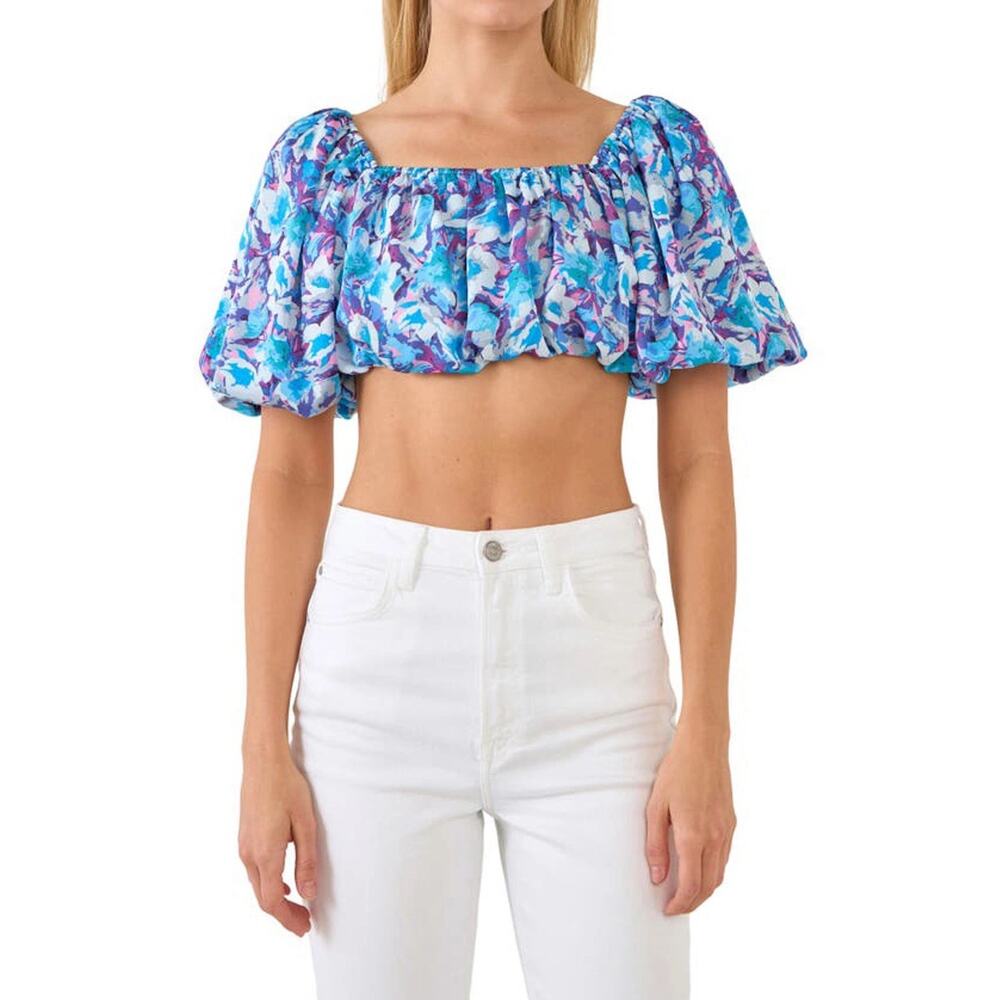 NEW Endless Rose Floral Puff Sleeve Crop Top Blue Womens Small
